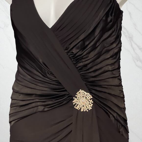 Vintage Y2K Tadashi Silk Evening Gown 12 Rhinestone Brooch V Neck Ruched Dress - Picture 5 of 12